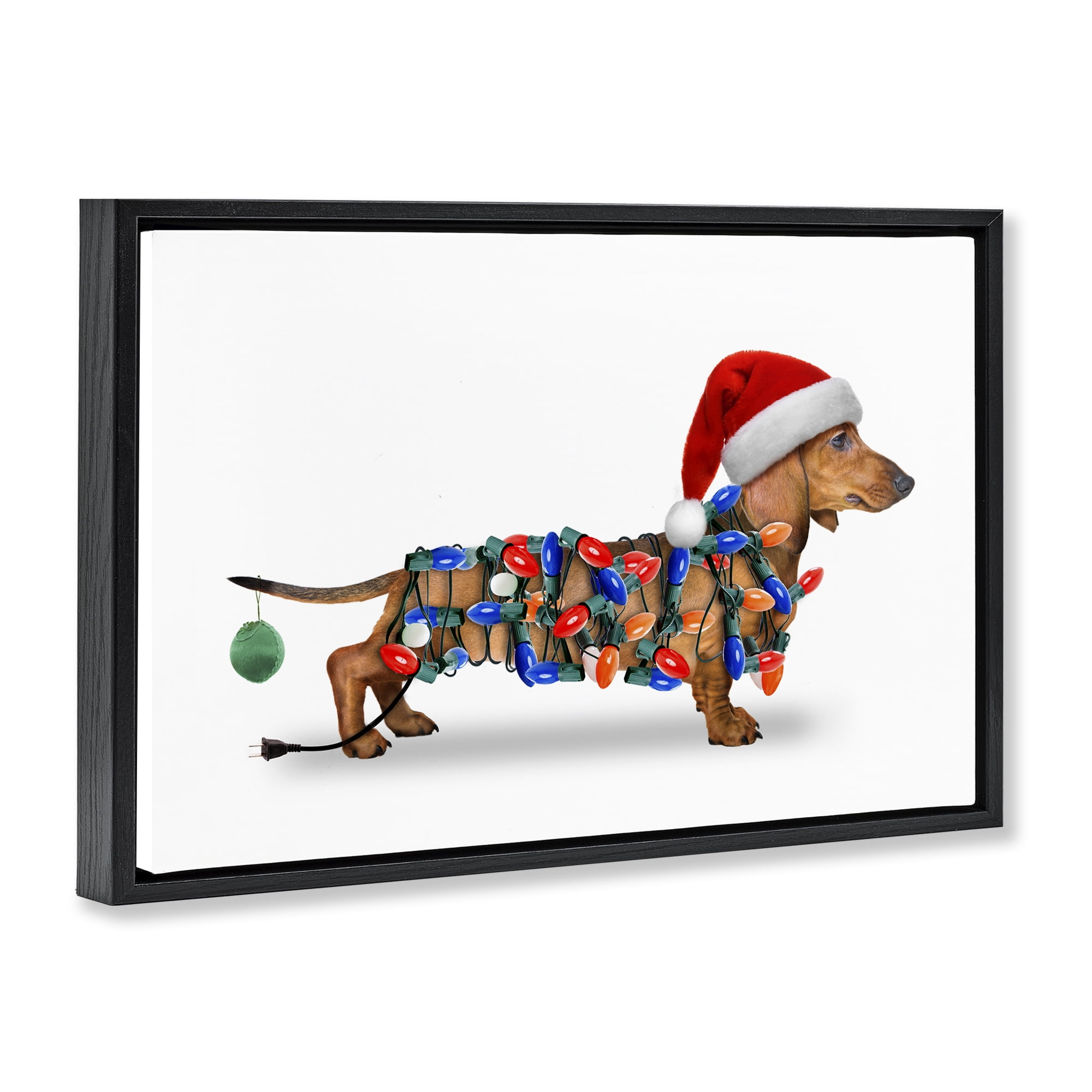 Stupell Industries Christmas Lights Wrapped Dog Holiday Painting Black Floater Framed Canvas Art Prints Wall Art, 25 x 17