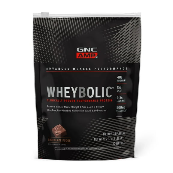 GNC AMP Wheybolic Clinically Proven Protein Powder, Increases Muscle Strength & Muscle Building, 40g Whey Protein, BCAA, Leucine, 3rd Party Tested, Chocolate Fudge, 10 Servings