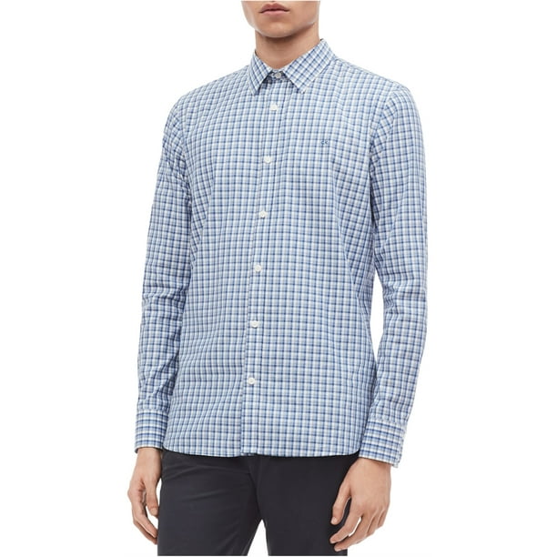 Calvin Klein - Camisa a cuadros de algodón y cachemir para hombre, color azul, pequeño Calvin Klein Botones al frente