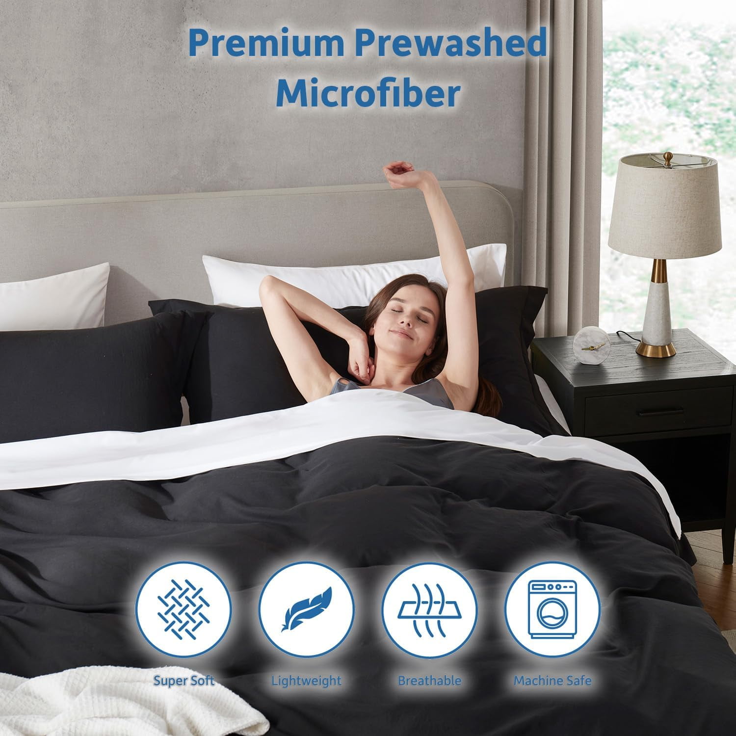 Virtu 3-Piece Duvet Cover Set, Soft Prewashed Bedding Set Queen with Pillow Shams, Black