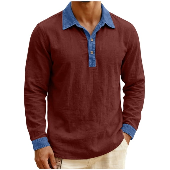 Ecqkame Men's Long Sleeved Shirts Turndown Collar Button Down Linen Denim Patchwork Tops Casual Lightweight Daily Shirt Wine S