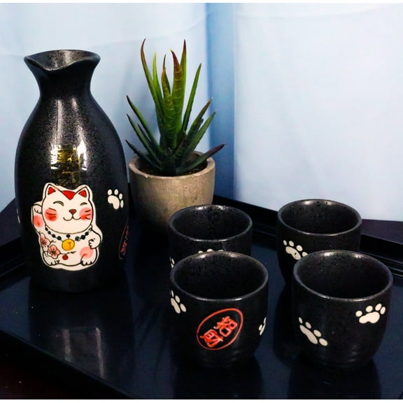 Japanese Maneki Neko Lucky Charm Cat Ceramic Black Sake Set Flask With Four Cups