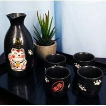 Japanese Maneki Neko Lucky Charm Cat Ceramic Black Sake Set Flask With Four Cups