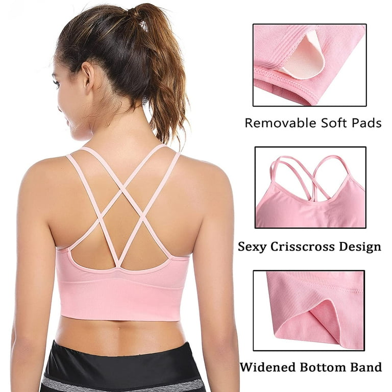 Cross Back Sport Bra with Pad, 2 Pack Women's Sexy Strappy Crisscross Bras  with Low Impact for Indoor Outdoor Running Fitness Workout Support Yoga Bra  - Medium Size, Black and Pink 