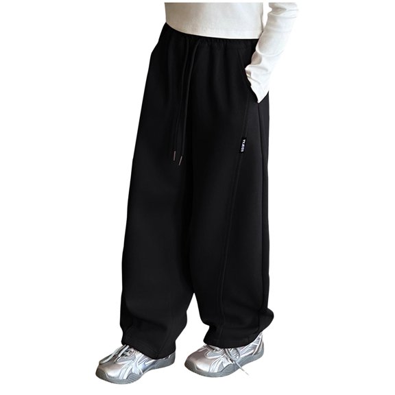 eczipvz Elastic Waist Girls Pants Girls Pants Pants Capris Wide Leg Baggy Loose Fit Side Pockets Black,11-13 Years