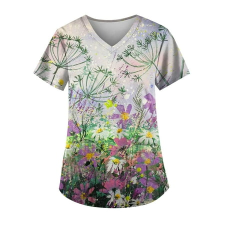 

Apepal Women Printing Short Sleeve V-neck Scrub Tops Working Pocket Blouse