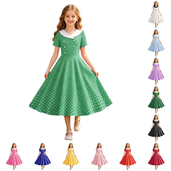 FYDUU Girls Vintage Dresses 1950S Polka Dot Dress Short Sleeve A-Line Swing Party Dress Kids Girl's Retro Casual Sundress 5-6 Years