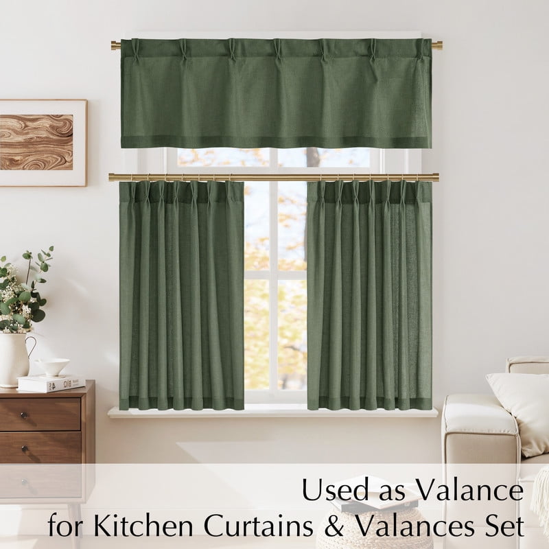 NICETOWN Olive Green Kitchen Curtains 24 Inches Long, Rustic Pinch Pleated Light Filtering Linen Cafe Curtains for Bedroom Farmhouse Decor, 26"x24", 2 Panels