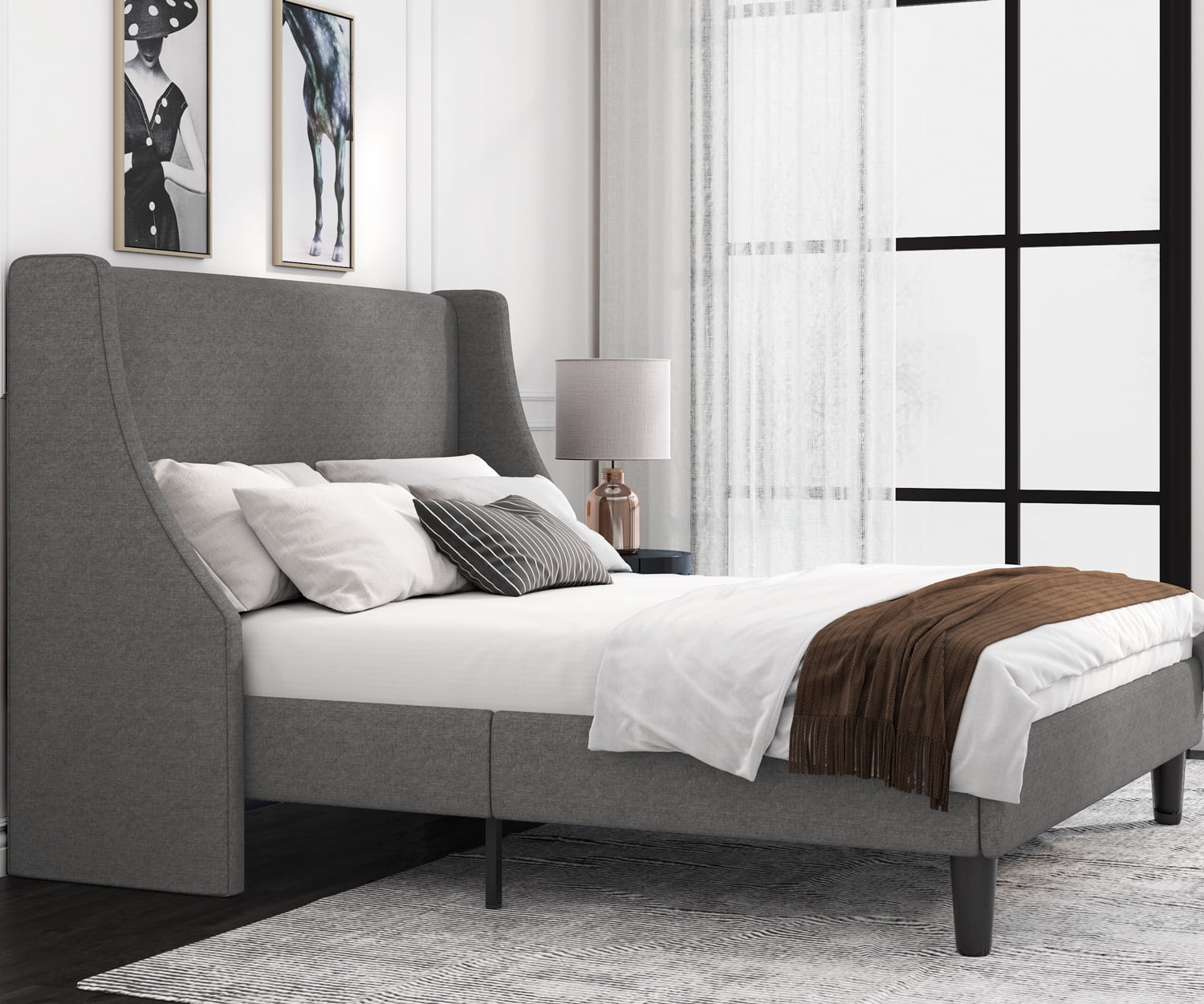 Allewie Full Size Fabric Upholstered Platform Bed Frame with Wingback Headboard, Light Grey