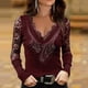 thumbnail image 2 of Mujeres Sexy Rhinestone V-Cuello Encaje Empalme Malla Manga larga Jersey Top Blusa Camiseta Pompotops gfhjh22851, 2 of 5