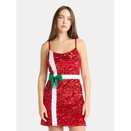 No Boundaries Christmas Present Sequin Mini Dress, Women’s