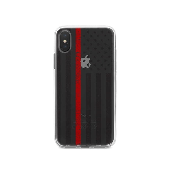 DistinctInk Clear Shockproof Hybrid Case for iPhone XR (6.1" Screen) - TPU Bumper, Acrylic Back, Tempered Glass Screen Protector - Weathered Thin Red Line US Flag - First Responder Support