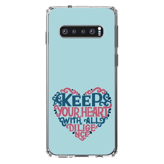DistinctInk Clear Shockproof Hybrid Case for Samsung Galaxy S10 (6.1" Screen) - TPU Bumper, Acrylic Back, Tempered Glass Screen Protector - Keep Your Heart With All Diligence