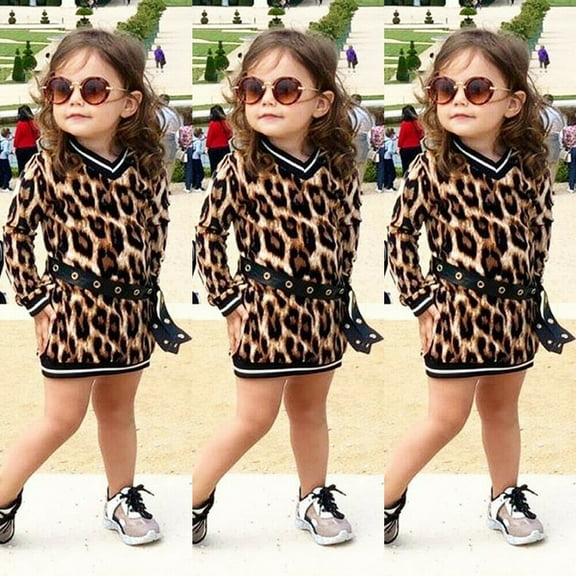 2Pcs Toddler Kids Baby Girl Leopard Outfit Clothes V-neck Sweater Dress Belt Set