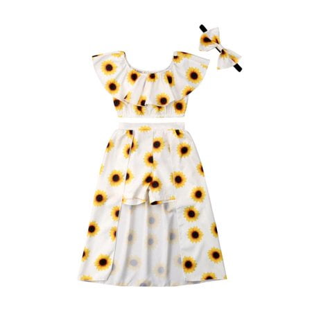 

Viworld Toddler Kids Baby Girl Sunflower Crop Tops Skirt Dress Headband Outfits Set 4-5T