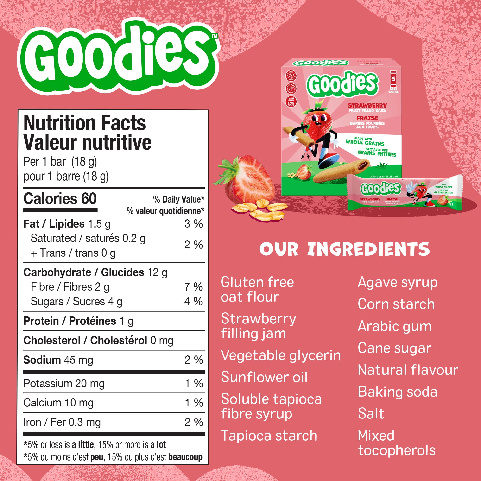 Goodies Strawberry Fruit Filled Bars, Whole Grain Gluten Free Snack for Kids 4+ Years, Nut Free, Source of Fibre, 18g Bar (5 Pack), 90g
