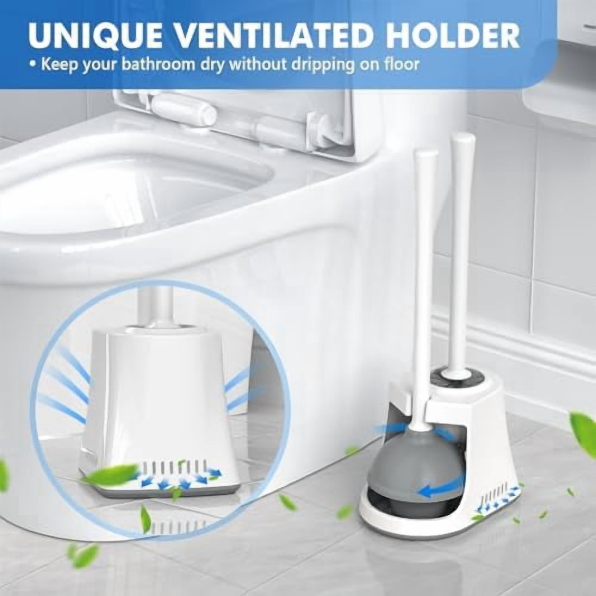 Toilet Plunger and Brush, Bowl Brush and Heavy Duty Toilet Plunger Set with Ventilated Holder, 2-in-1 Toilet Brush and Plunger Combo for Bathroom Cleaning (2, White)