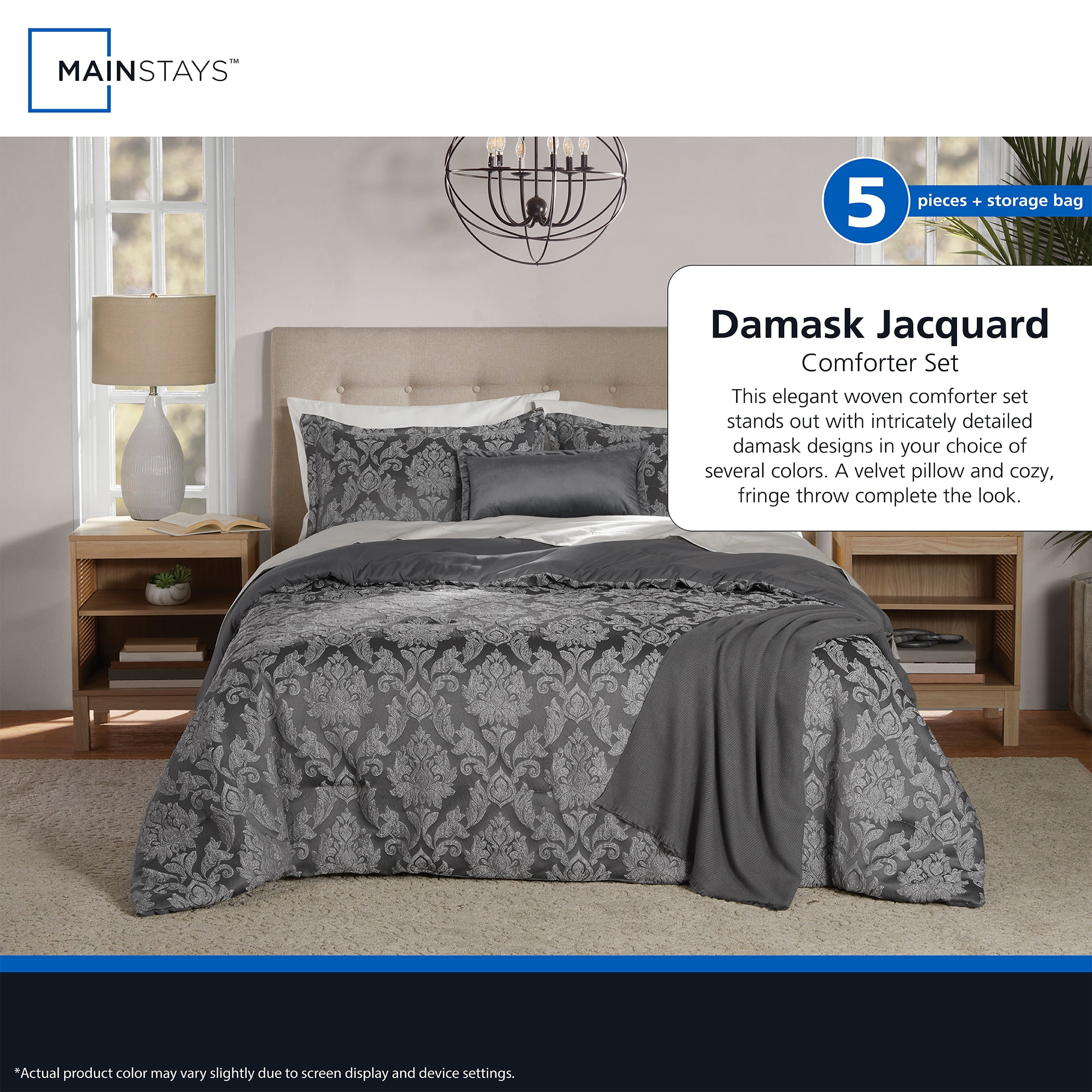 Mainstays Damask 4-Piece Grey Jacquard Comforter Set, Twin/Twin XL