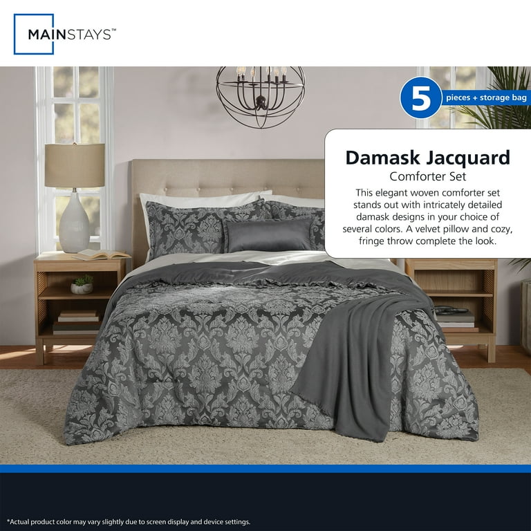 Mainstays Damask 4-Piece Grey Jacquard Comforter Set, Twin/Twin XL