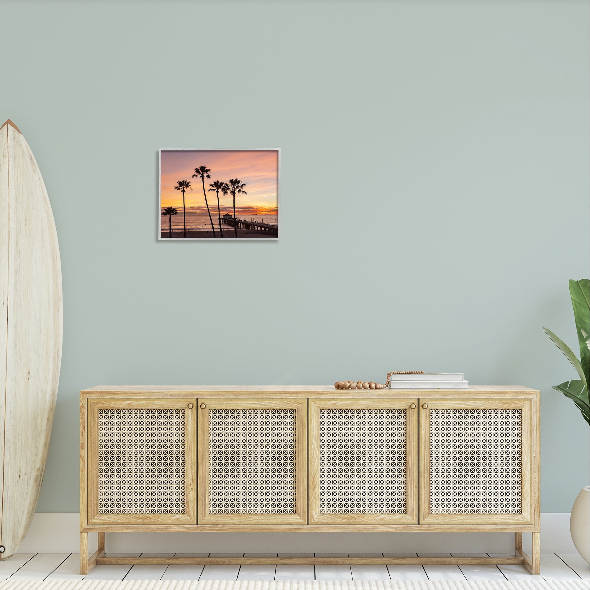 Stupell Industries Tropical Palm Tree Sunset Summer Pier Docks Photograph Gray Framed Art Print Wall Art, Design by Jeff Poe Photography