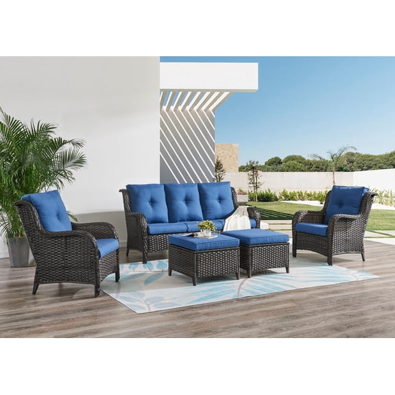 PARKWELL Outdoor Patio Wicker Furniture Set - 5 Piece Sectional Sofa Set with 3-Seat Sofa,2 Chairs and 2 Ottomans,Brown Wicker and Blue Cushion