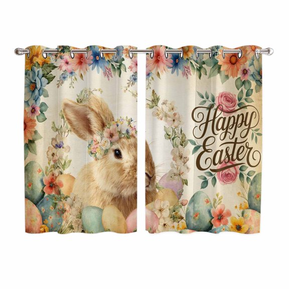 Happy Easter Bunny Kitchen Curtains Window Panels, Eggs Spring Flowers Retro Pastoral Plants Insulated Window Treatment Curtain, Grommet Curtains for Bedroom/Living Room/Bathroom, 2 Piece 52"Wx63"L