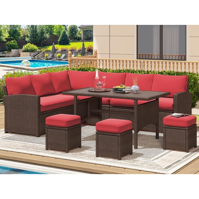 U-MAX 7-Piece Wicker Patio Set with Dining Table, Outdoor Sectional Sofa, Brown & Red