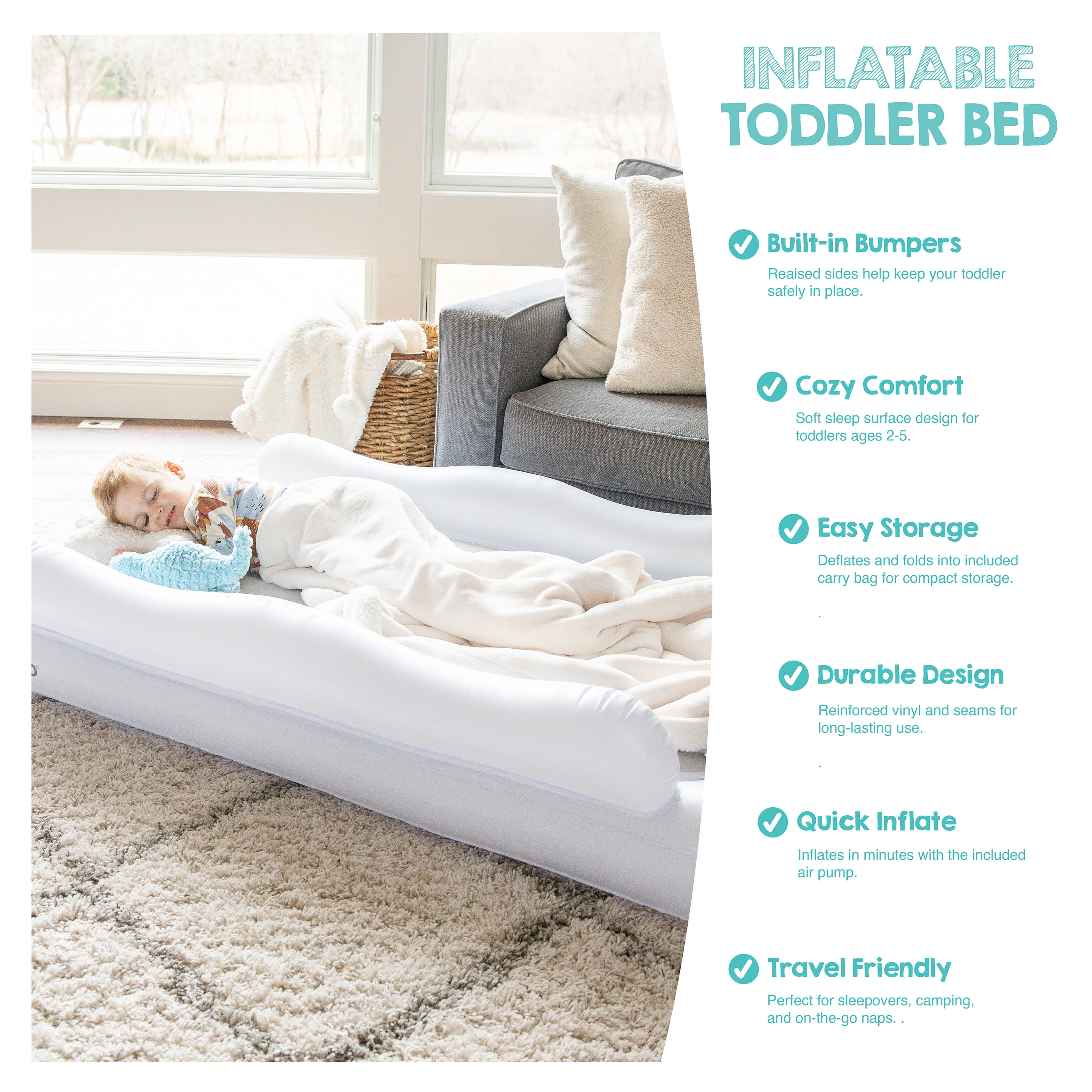 Regalo Inflatable Toddler Travel Bed with Safety Rails, Air Pump & Carry Bag, White