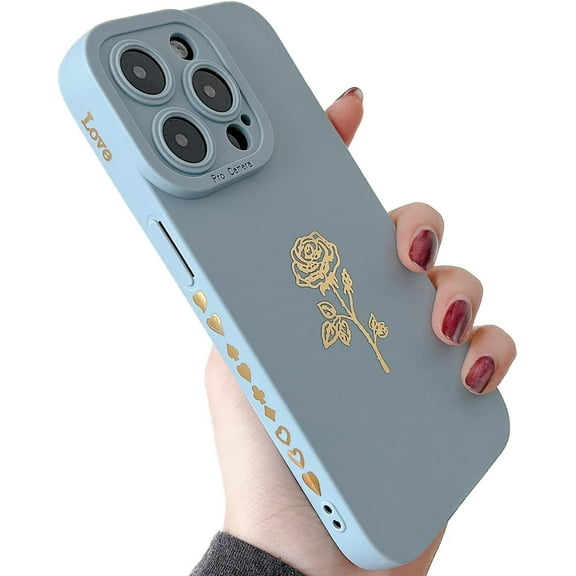 Compatible with iPhone 14 Pro Case,Gold Rose Flower Pattern with Protection Camera Lens Design, Slim Silica Gel Shockproof Side Plated Heart Phone Case for Women Girls-Light Blue