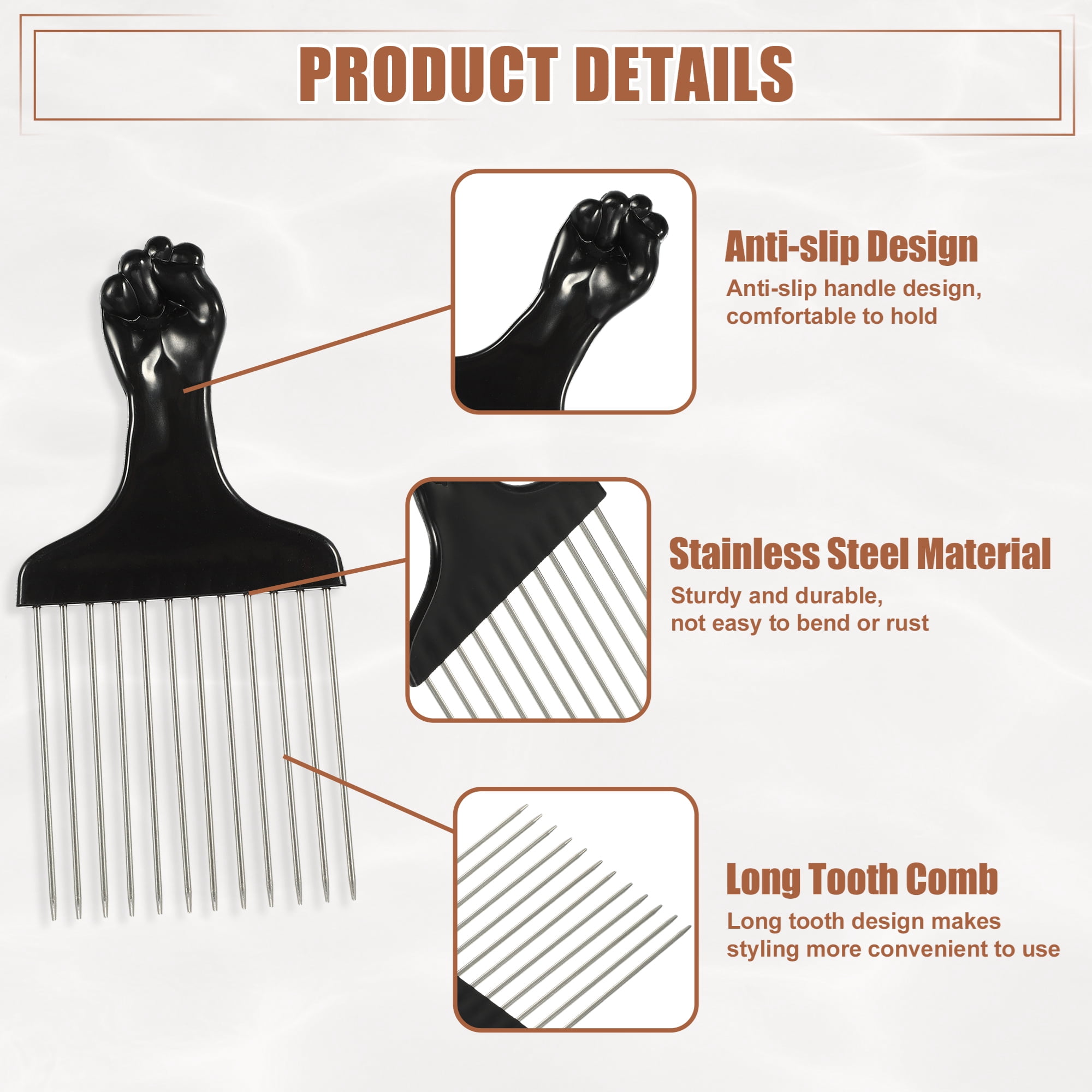 Unique Bargains 2 Pcs Metal Hair Pick for Thick Curly Hair Black Silver Tone 5.83" x 2.83"