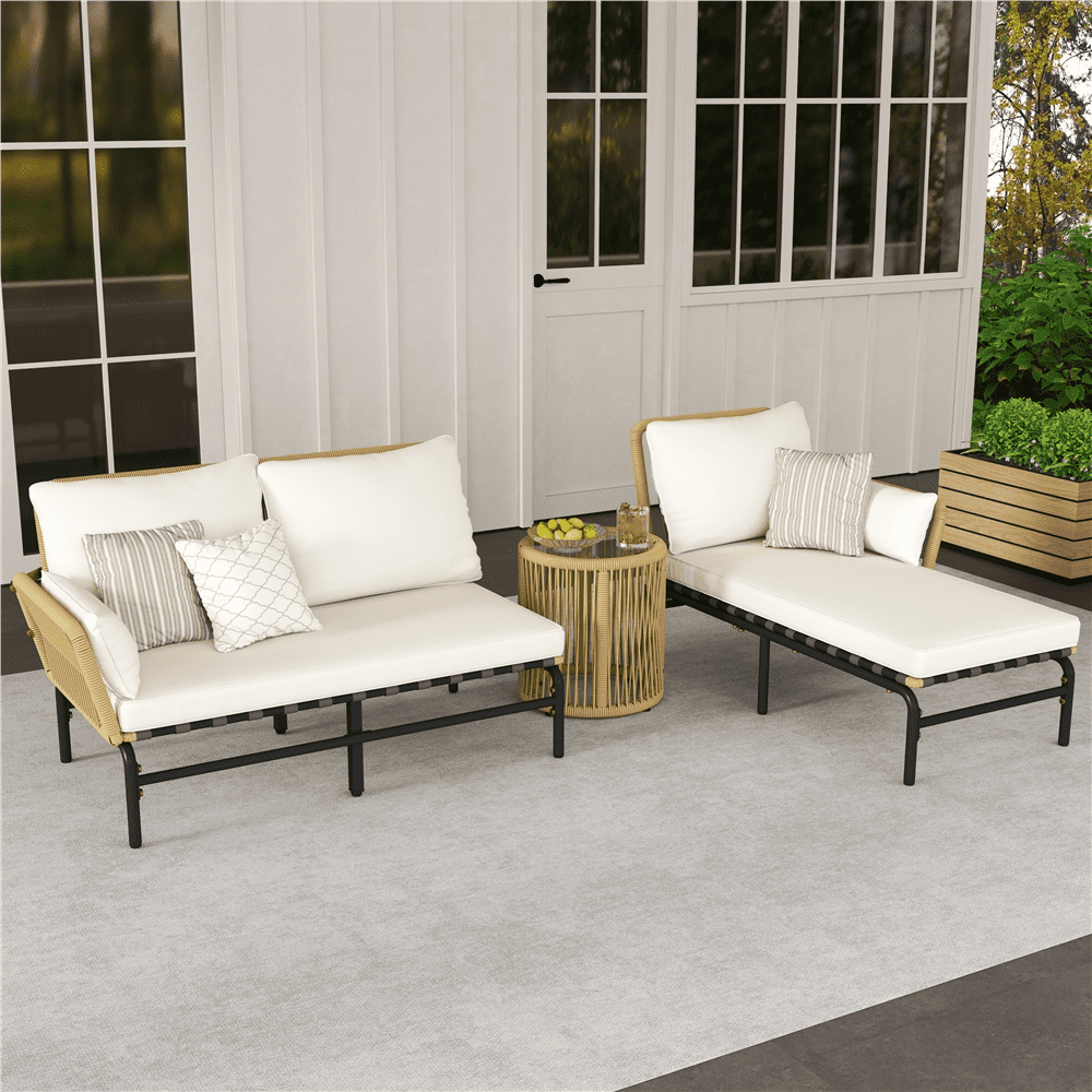 Renwick 3-Piece Wicker Rattan Patio Sectional Sofa Set with Table and Cushions, Tan/Cream