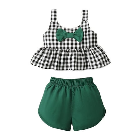 

Kucnuzki 12 Months Baby Girl Summer Outfits Shorts Sets 18 Months Sling Plaid Prints Bowknot Camisole Tops Elastic Cozy Shorts 2PCS Set Green