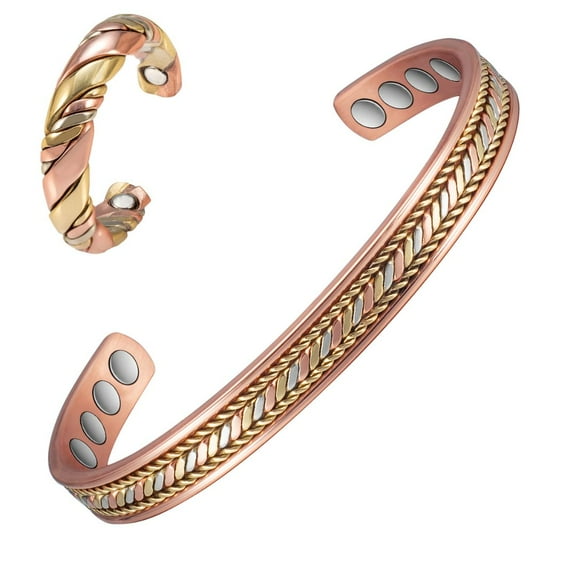 Wollet Magnetic Tri Color Braided Copper Bangles& Ring for Women, Copper Jewelry Set Gift for Mom Daught Wife（CPB-0268 CPR-2029）