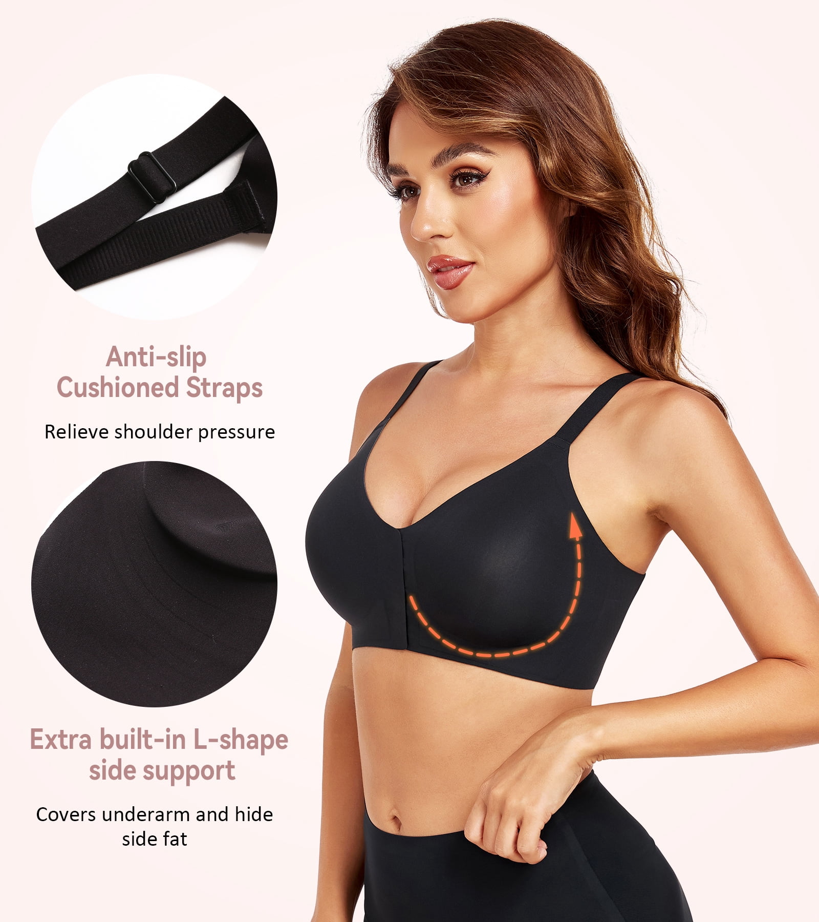 Exerin Women's Front Closure Bra Wireless Comfort Posture Back Smoothing Brasieres(S,Black)