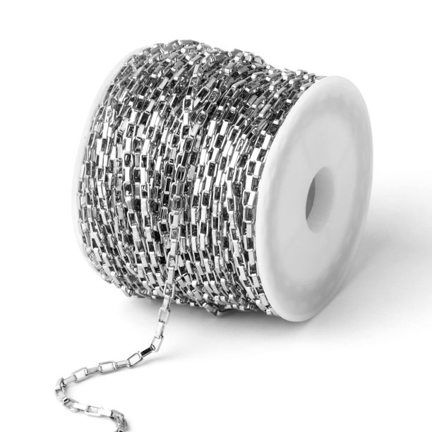 Cadena De Caja De Acero Inoxidable De 33 Pies A Granel Cadenas De Acero Inoxidable 304 De 2 Mm Carrete En Rollo Cadena De Eslabones De Caja Rolo Cuadrada Delgada A Granel Para Hacer Joyas Y Manualidad