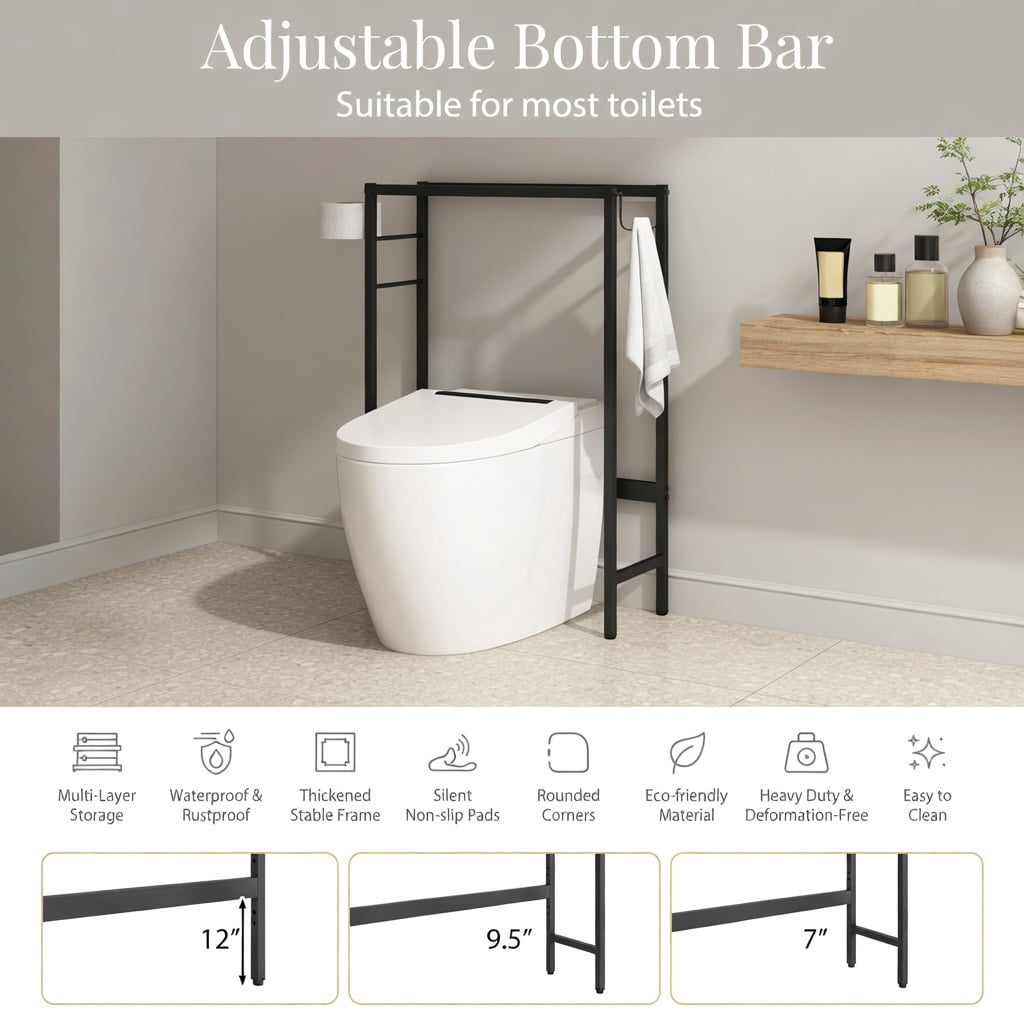 Hommoo Over the Toilet Storage Cabinet with Adjustable Shelf, 2-Door Bathroom Organizer, Black