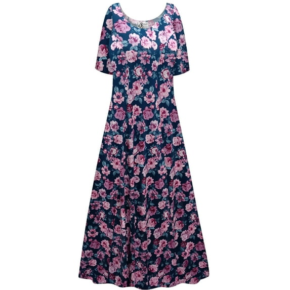 Plus size 1x Tall Women Dress Teal Garden Print Short Sleeve Princess Cut