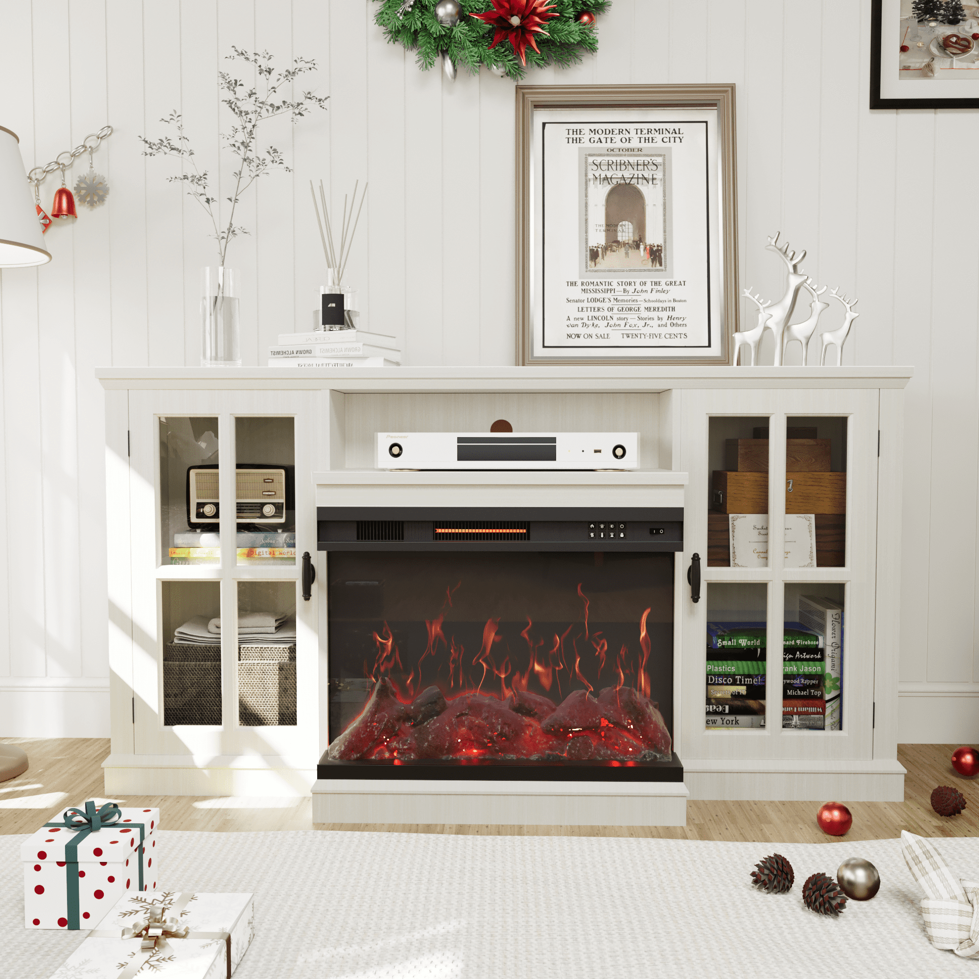 Homall Fireplace TV Stand for TVs up to 65" 3-Sided Glass Modern Media Entertainment Center with Cabniet Storage Adjustable Flame Color Fireplace,White