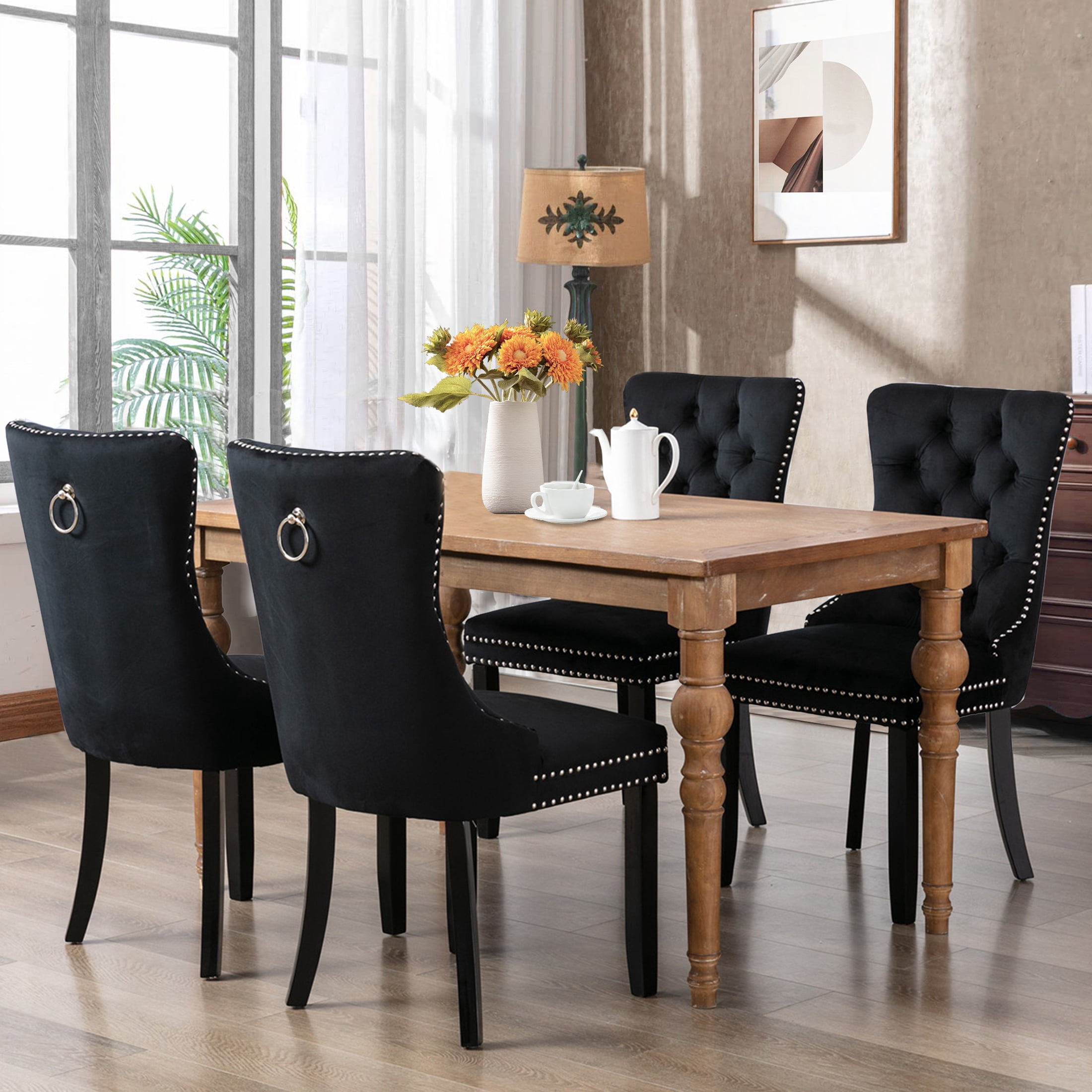 PORKISS Dining Chairs Set of 4, Upholstered High-End Tufted Dining Room Chair with Back Ring and Nailhead Trim, Modern Velvet Chairs with Solid Wood Legs for Kitchen,Black