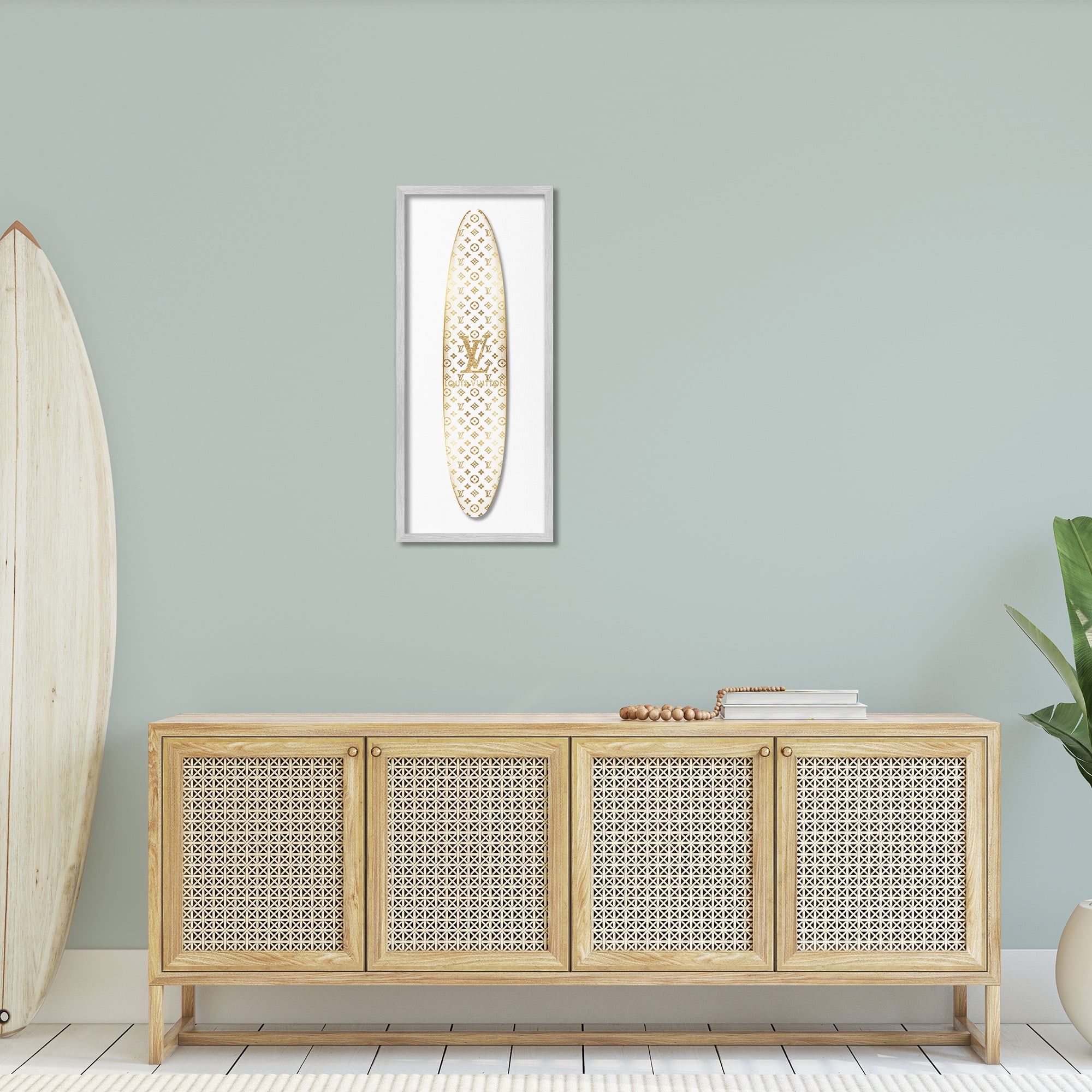 Stupell Industries Designer Patterned Surfboard Nature Painting Gray Framed Art Print Wall Art, 13 x 30