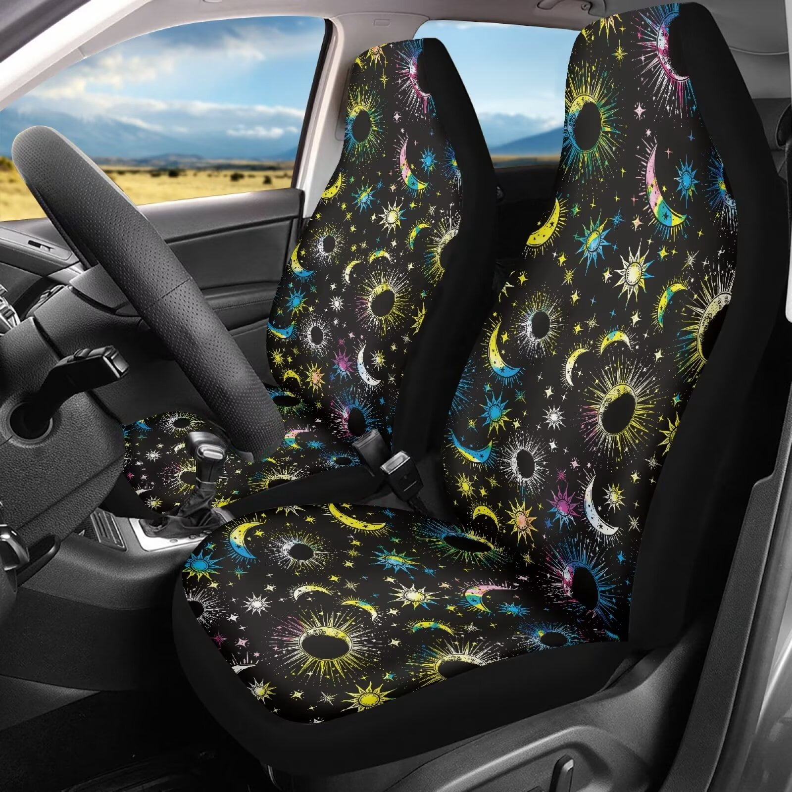 Yuyamidu Colorful Sun and Moon Car Seat Covers Front Seats Only, Waterproof Bucket Seat Cover Universal Fit for Car Truck Van and SUV Comfortable