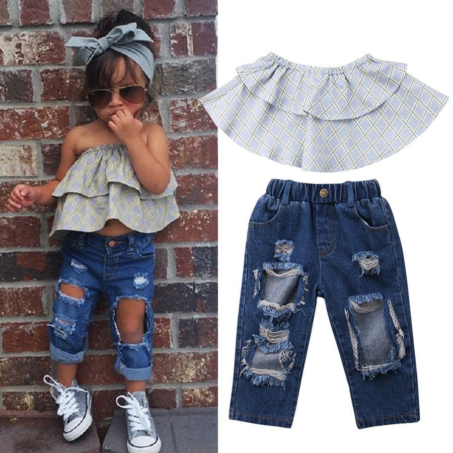 2PCS Toddler Kids Baby Girls Clothes Outfits T-shirt Tops Denim Jeans Pants Set 