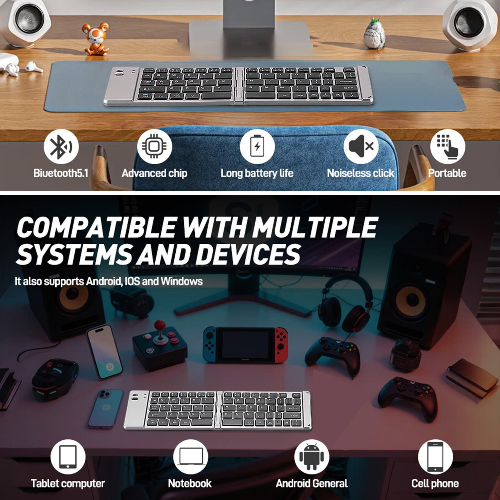 RONY Foldable Wireless Bluetooth Keyboard & Mouse Combo: Rechargeable Portable Travel Keyboard for Phone Laptop Mac Desktop (Silver)