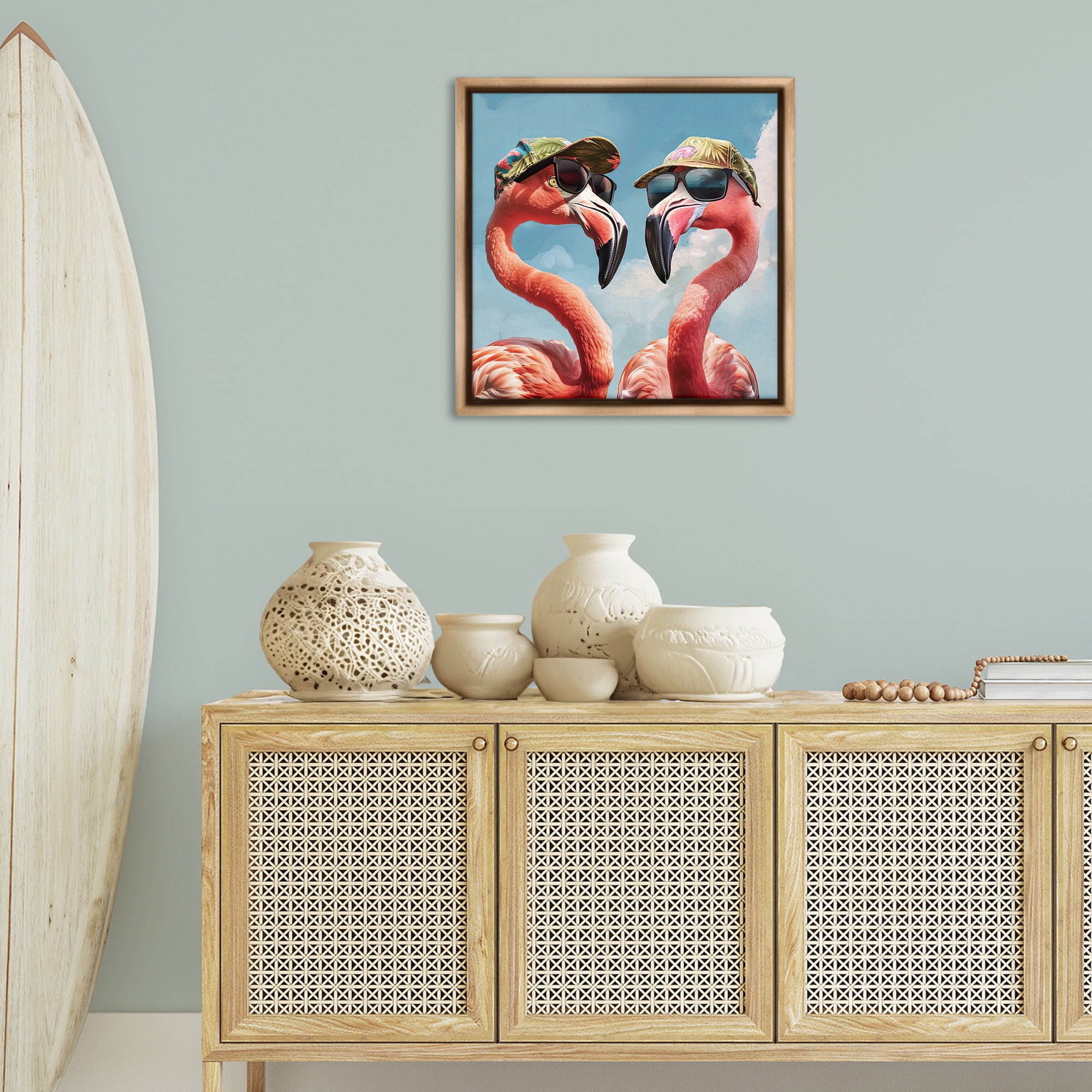 Stupell Industries Flamingos with Tropical Hats Animals Painting Brown Floater Framed Canvas Art Print Wall Art, 25 x 25