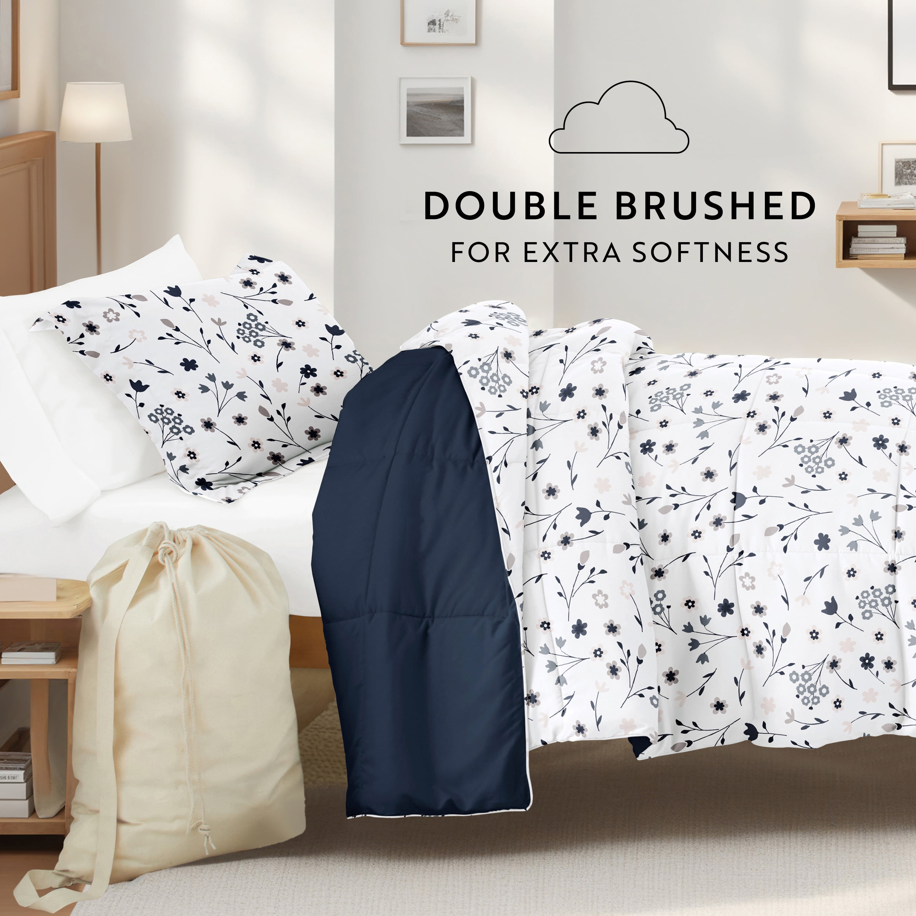 Noble Linens 8 Piece Dorm Bedding Bundle, Comforter & Sheet Set, Pillows, Laundry Bag