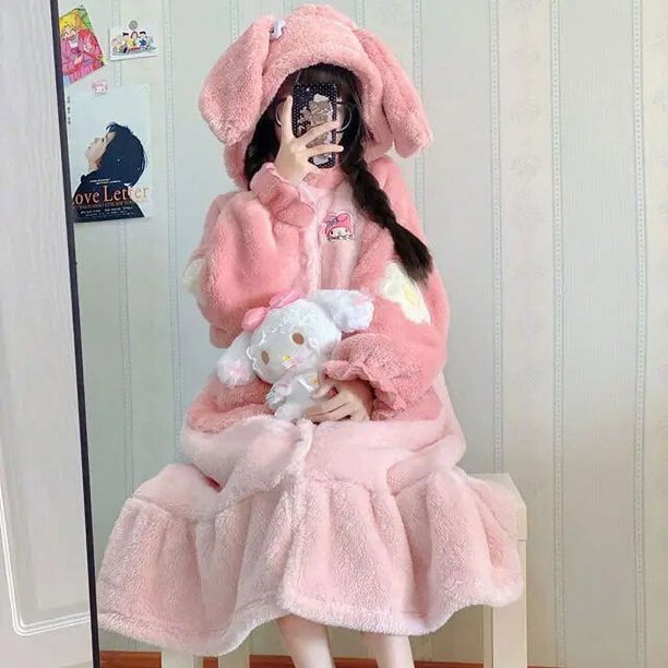 Sanrio-Camisón de lana de Coral con capucha para el hogar, conjunto de pantalones de pijama de Hello Kitty, ropa de casa informal cálida, felpa suave, lindo Kuromi