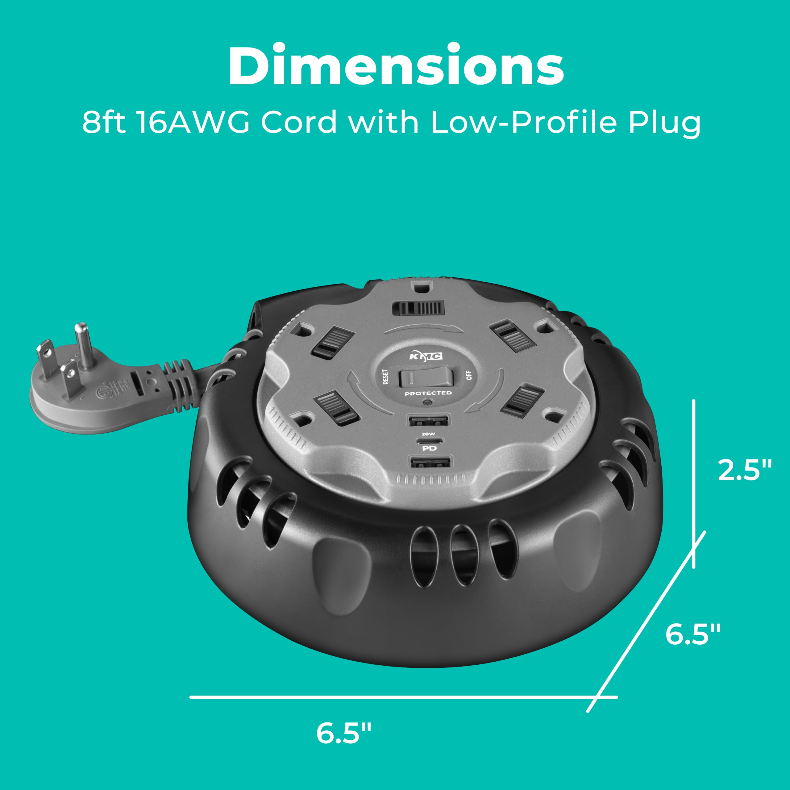 KMC Surge Twist Cord Reel Surge Protector Power Strip, 5-Outlets, USB-C PD, Flat Plug, 8 ft Extension Cord, Black
