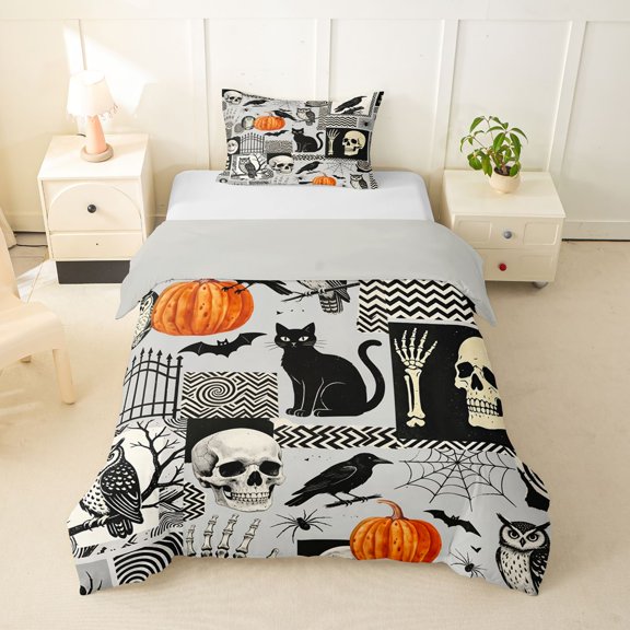 Homewish Collage Halloween Skeleton Twin Duvet Cover for Kids, Retro Pumpkin Crow Owl Twin Bedding, Gray Reversible, 2 Pieces, 1 Duvet Cover and 1 Pillowcase
