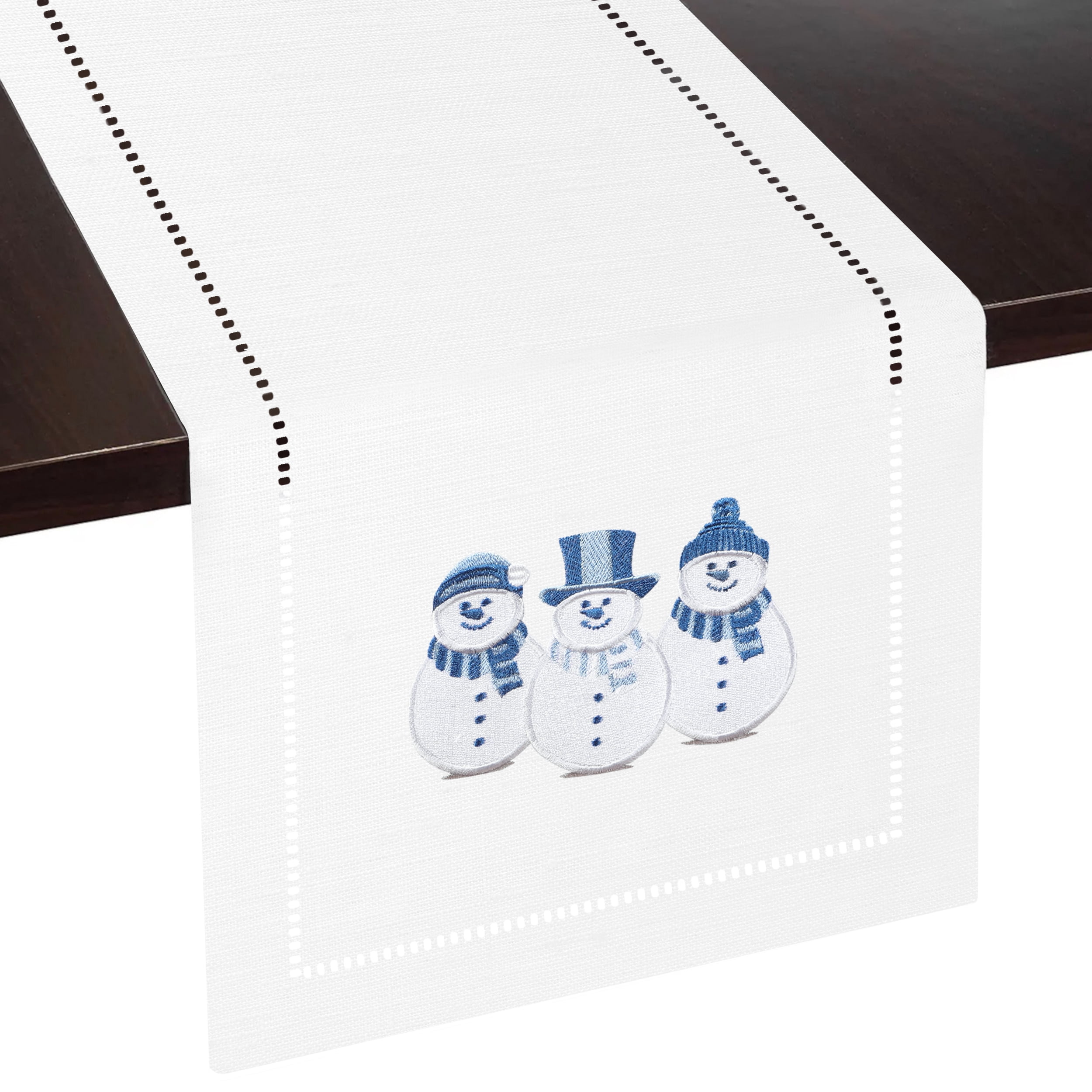 Snowman embroidery hemstitch table runner winter holiday decor white 13
