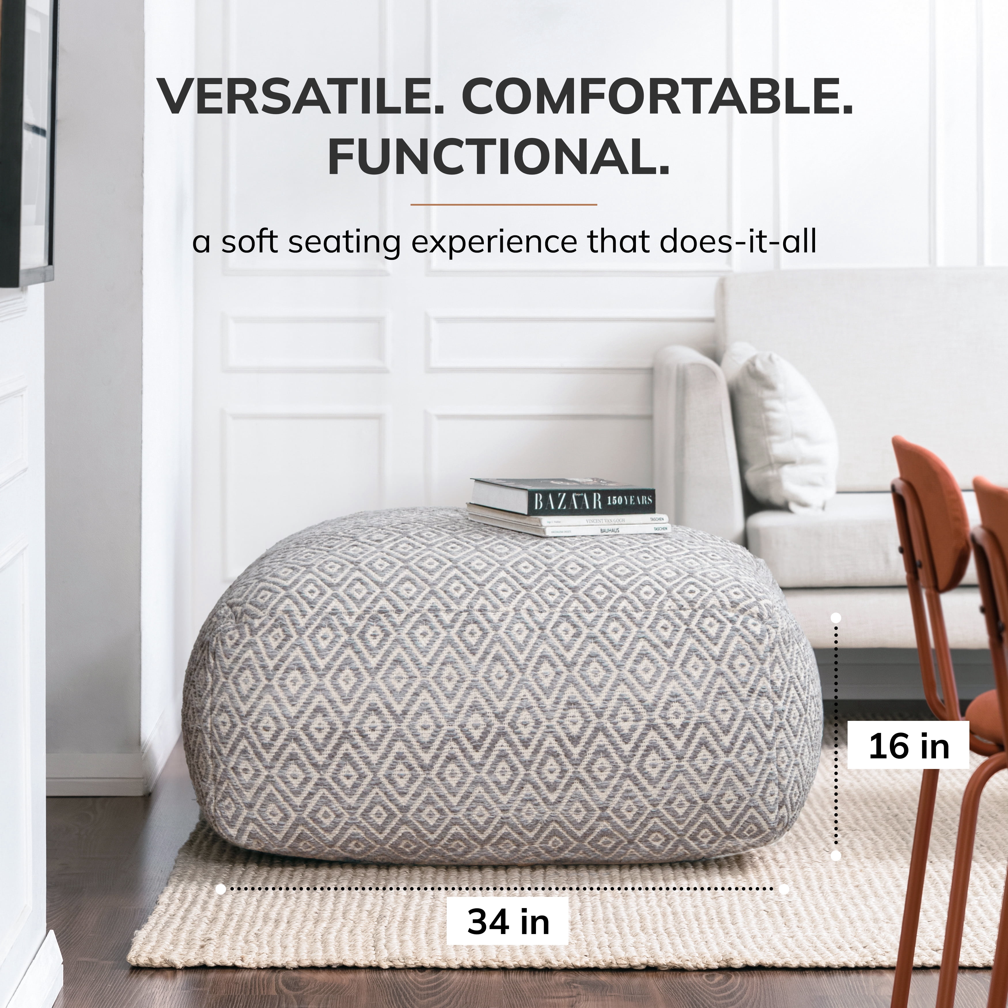 Jani Willamette 34" Square Oversized Beige Pouf Ottoman Slate